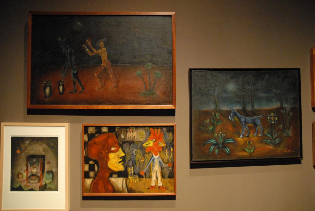 Museu Nacional d'Art de Catalunya:/top: Joan Ponç: Dimono verd (1950)/bottom left: Antoni Tàpies: Spiritual song (1950)/bottom center: Joan Ponç: Gall (1947)/right: Joan Ponç: Cabra (1951)/